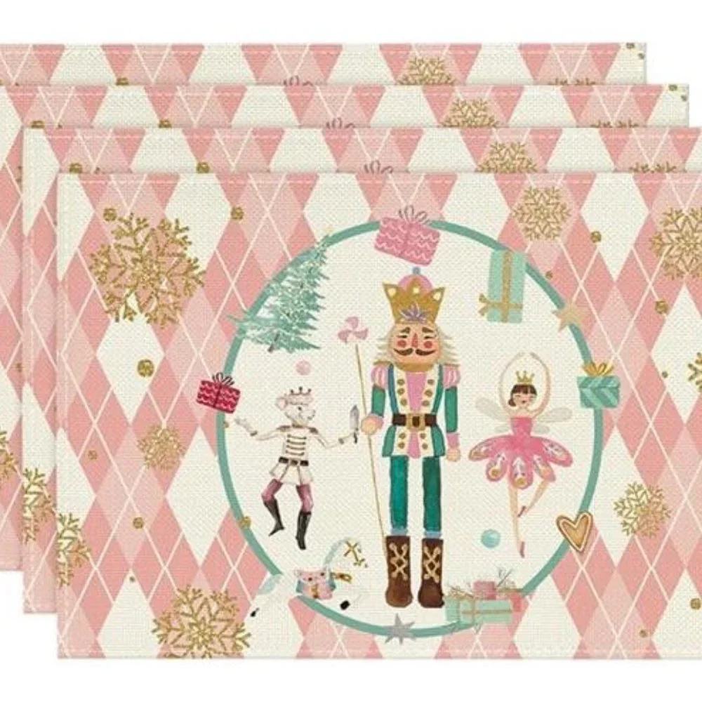 Nutcracker Placemats Christmas Decor Set 4 Pink Xmas Holiday Table Decorations